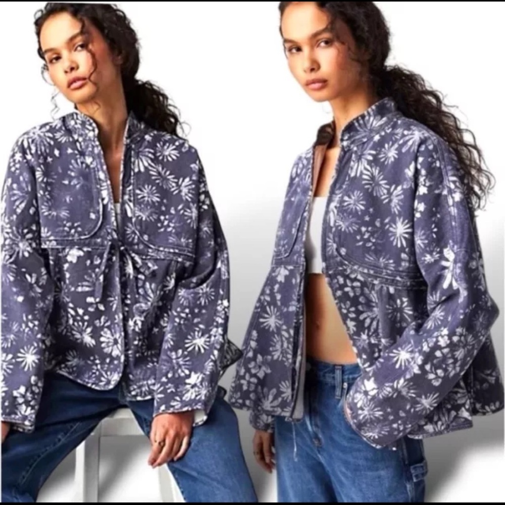 Free People Lua Bed Jacket Floral Denim Ruffle Flounce Tie Front Blue Coat L